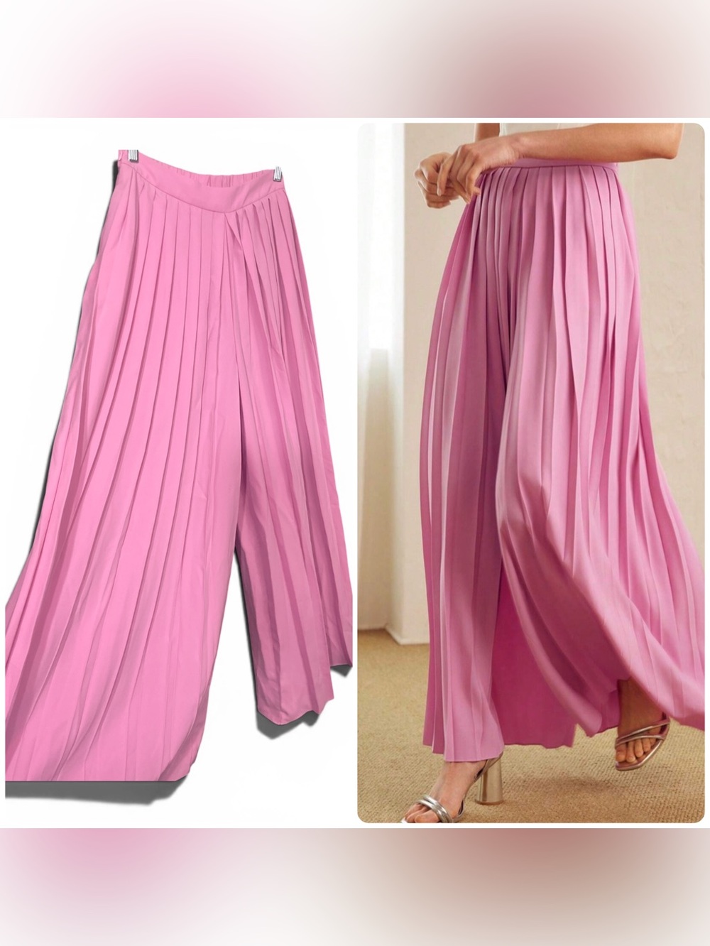 Pleated Wide-Leg pants elastic waist 15 inseam 28 100% polyester